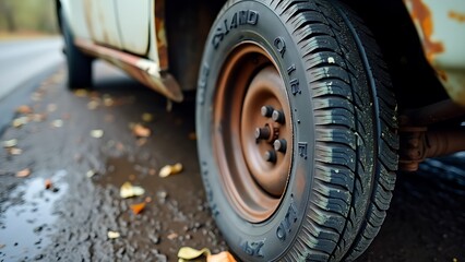 Close-up of old car tire on wet road with leaves