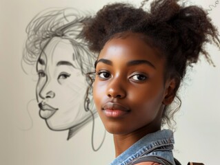 Black college art student drawing photo of herself in class
