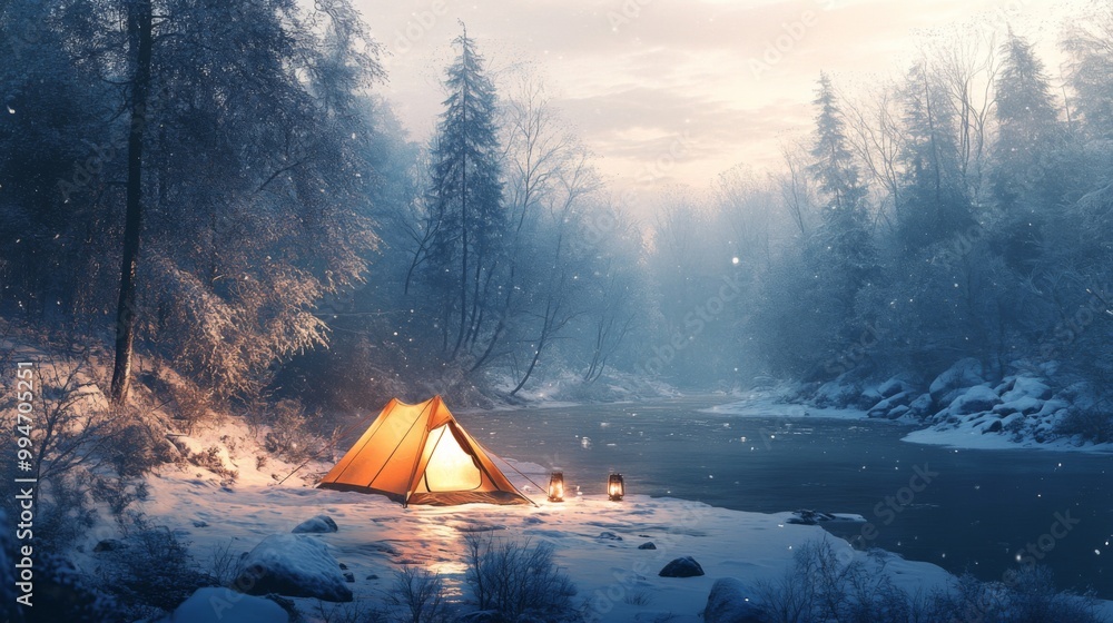 Wall mural Illuminated Tent Campsite in Snowy Winter Forest by Frozen River