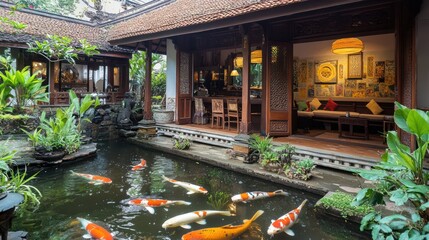 Obraz premium A classic wooden house terrace with a serene koi fish pond in front, exuding charm and tranquility, perfect for relaxation and nature lovers.
