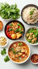 A variety of Thai dishes with tofu, vegetables, and rice