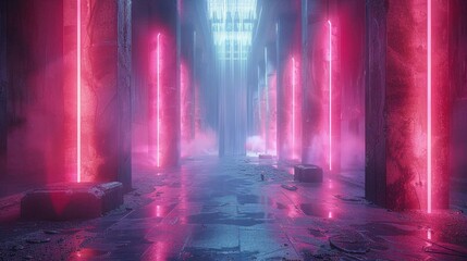 Obraz premium Futuristic equalizer bars in a neon lit space. 