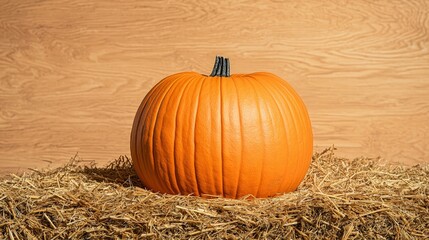 Single Orange Pumpkin on Hay Bale with Wooden Background   Autumn Harvest