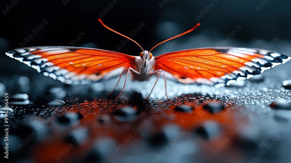 Poster close up of a vibrant orange butterfly with intricate patterns on wet surface