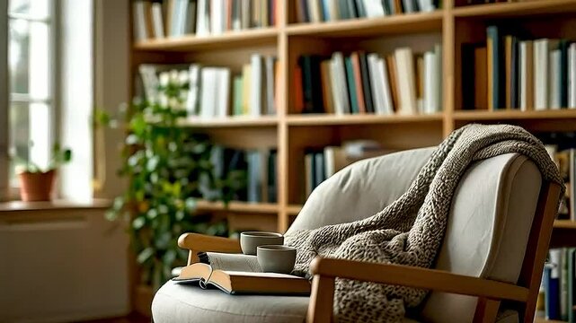 a chair  and  a bookcase  with  a blanket