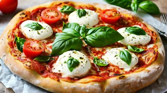 Picture a Neapolitan pizza topped with San Marzano tomatoes, fresh mozzarella, and basil.