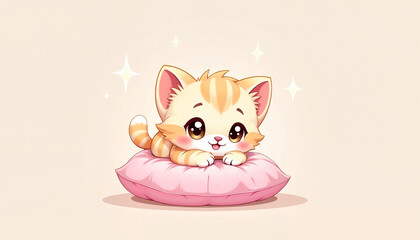 Adorable cartoon kitten resting on a pink pillow, joyful expression, cozy and playful atmosphere