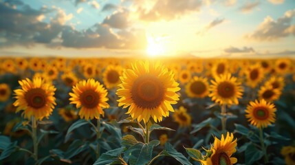 Fototapeta premium The highway winds through a sunflower field, with the flowers glowing in the sunset.