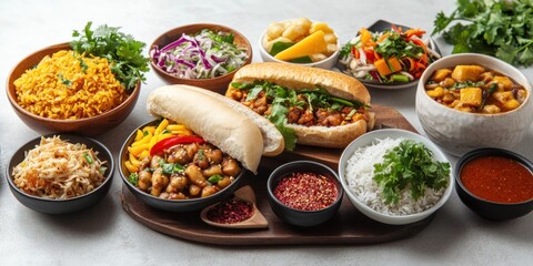 Assorted Asian Dishes with Rice, Noodles, and Sauces