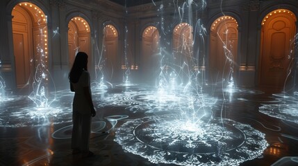 Laser grids form intricate, luminous designs. 