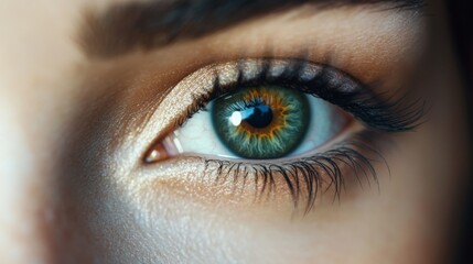 Fototapeta premium Close-up of a green eye with gold glitter eyeshadow