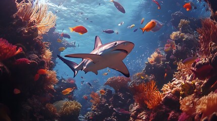 Fototapeta premium Beautiful wallpaper of reef sharks and colorful fish in harmony