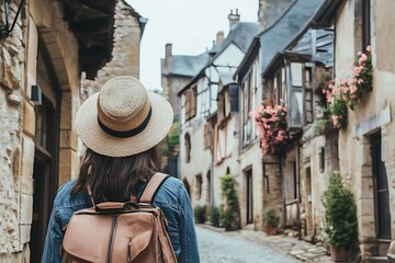 Woman in Straw Hat Exploring a Charming European Village