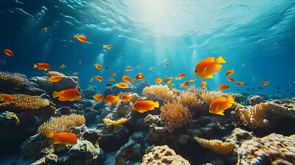 Coral reef pictures featuring colorful fish swimming in crystal waters