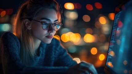 Woman Coding at Night