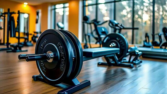a barbell  and  weights  in a gym.