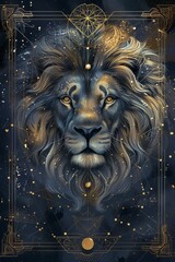 A majestic lion head artwork, with intricate and detailed celestial patterns, exuding power and regality.