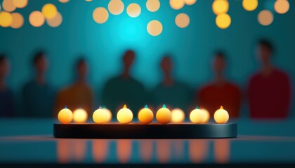 Hanukkah dreidel game, friends gathered around, festive room, 3D illustration. celebration, decor, lights