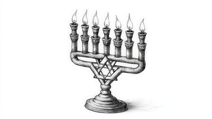 Fototapeta premium Hand Drawn Black and White Menorah with Star of David Illustration
