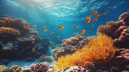 Obraz premium Coral reefs surrounded by swarms of colorful fish in warm waters