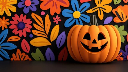 Happy Halloween Pumpkin with Colorful Floral Background