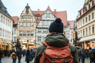 A Back View of a Traveler Amidst European Architecture