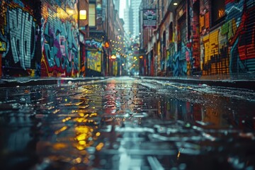 Naklejka premium Wet street with graffiti