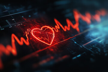 Fototapeta premium ECG Screen Displaying Heartbeat Trace and Red Heart Icon for Cardiovascular Monitoring