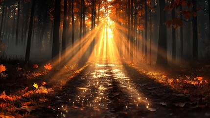 Sunbeams Through Misty Autumn Forest Path   Golden Hour Nature Scene
