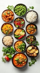 An Assortment of Delicious Asian Dishes in Bowls with Garnishes