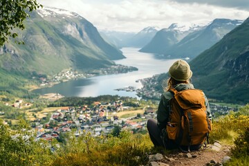Fototapeta premium A lone hiker contemplates the breathtaking vista of a Norwegian fjord