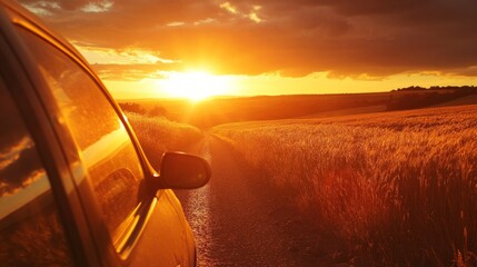 sunset along a country road, golden fields and a sunset visible through the rear window of the car. generative ai