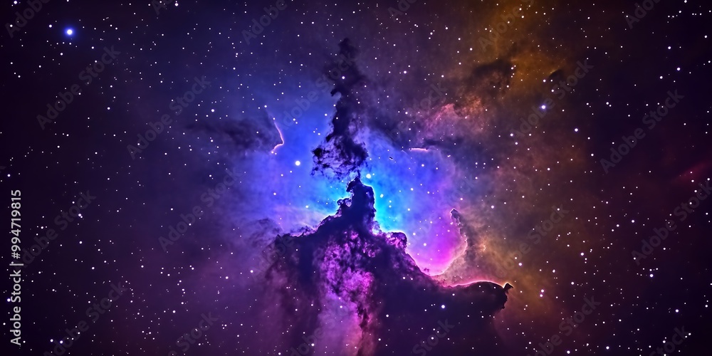 Wall mural a nebula in space, a cosmic cloud of gas and dust, glows with a vibrant purple and blue hue. the dar