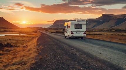 Obraz premium A white camper van drives down a road toward a sunset in the Icelandic Highlands