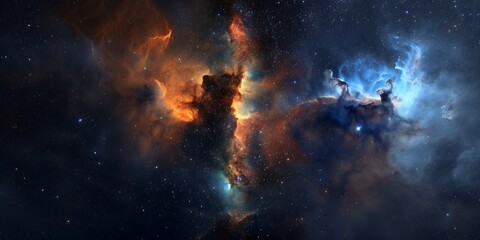 Fototapeta premium A vibrant nebula glows in a deep space, with a mix of orange, blue, and white hues. The star-studded canvas creates a breathtaking cosmic scene.