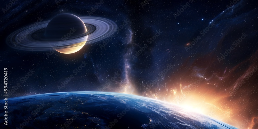 Wall mural a stunning view of a planet with rings, as seen from another planet's surface. the vastness of space