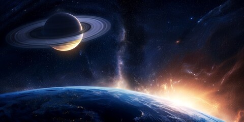 A stunning view of a planet with rings, as seen from another planet's surface. The vastness of space is breathtaking, and the distant stars twinkle in the background.