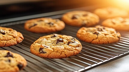 Golden Brown Chocolate Chip Cookies Cooling on Wire Rack