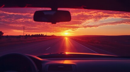 road at sunset, bright orange and pink skies seen through car windshield generative ai