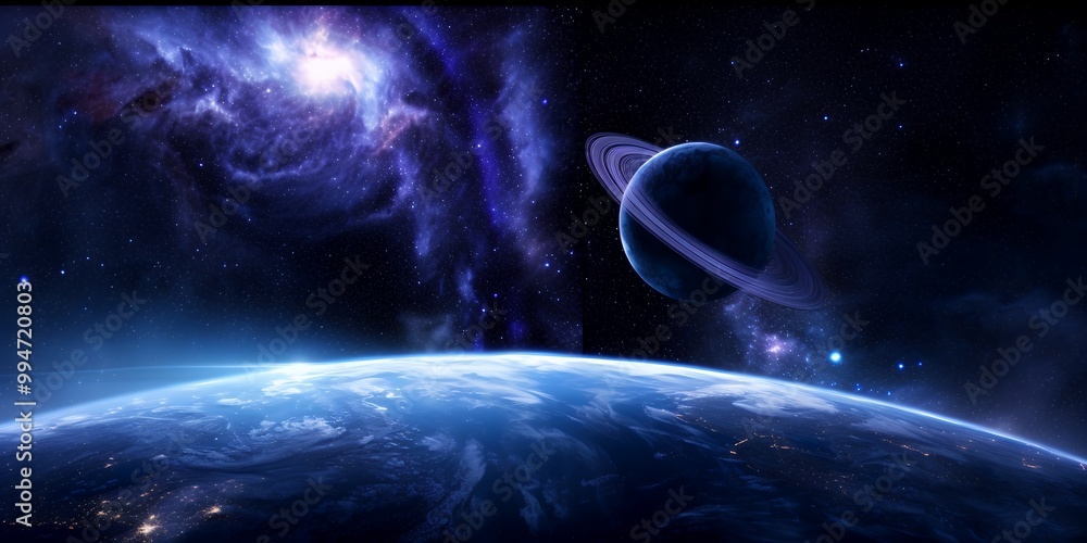 Wall mural a blue planet with a ringed planet and a glowing nebula in the background.