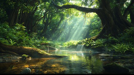 Obraz premium Sunlight streams through the lush canopy of a tropical rainforest, illuminating a tranquil creek.