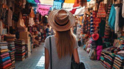 Obraz premium Tourist woman in a vibrant traditional market generative ai