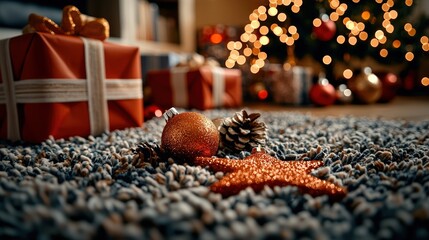 Christmas Decorations on a Cozy Carpet with Blurred Tree in Background
