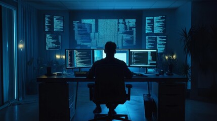 Programmer at Work in Dimly Lit Room
