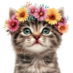 Adorable fluffy kitten with big eyes and soft fur wearing a colorful floral wreath or crown closeup portrait on a bright vibrant background  Whimsical feminine and cheerful concept of nature
