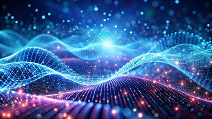 Abstract blue particles wave flowing forming cyber technology background