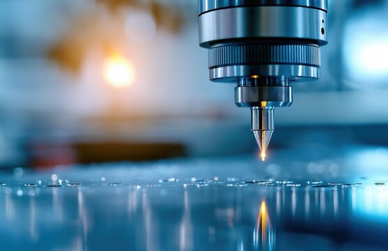 Close up view of a precision laser engraving machine in action showcasing the intricate and high tech metalwork manufacturing process used in modern industrial production and engineering applications