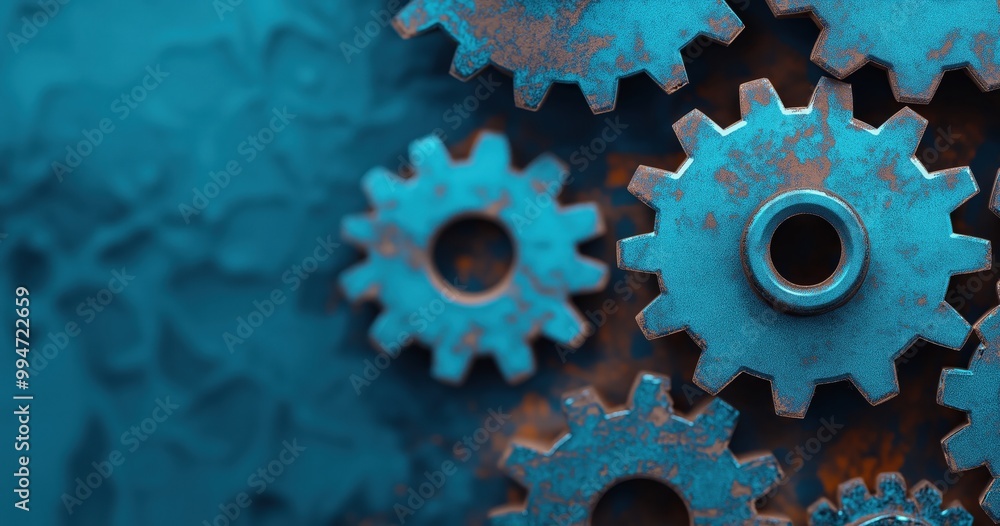 Poster close up view of interlocking metal gears cogs and mechanical components in an industrial manufactur