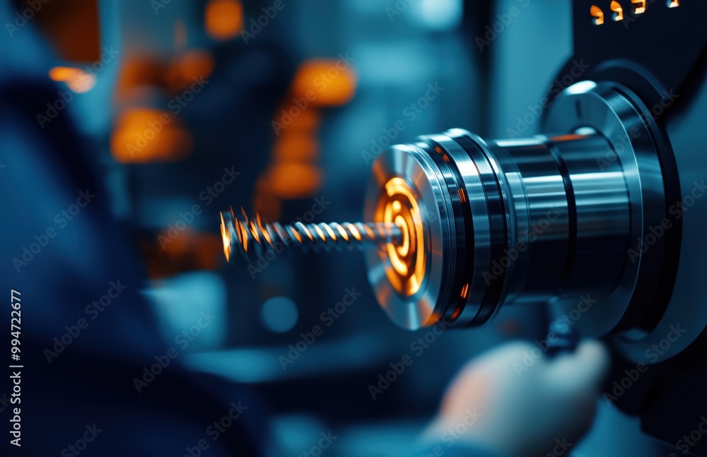 Poster close up view of metallic gears cogs and other mechanical parts on a workbench in an industrial fact