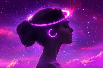 Obraz premium Side profile of a woman in neon pink light wearing a glowing headset symbolizing communication creativity and futuristic audio innovation in a digital world